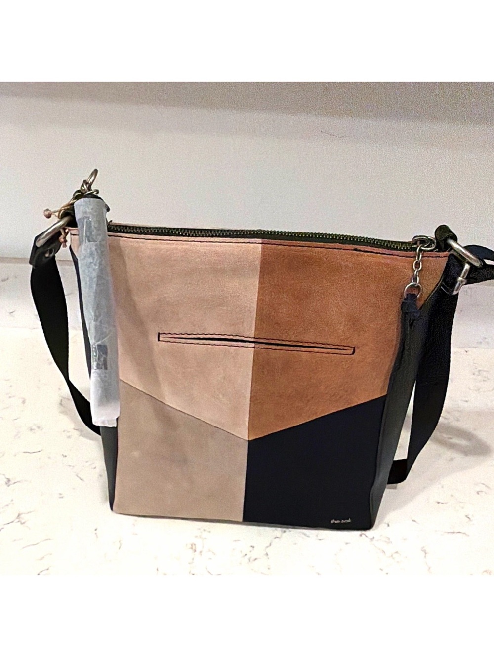 The Sak Lucia Crossbody Bag Colorblock Black Beige Brown Zip Silver Hardware